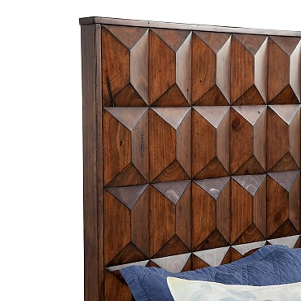 Wooden Queen Size Bed with Honeycomb Design High Headboard, Brown