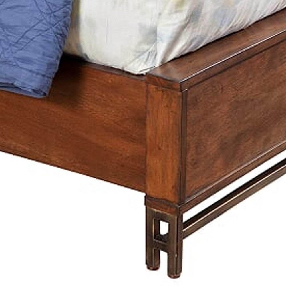 Wooden Queen Size Bed with Honeycomb Design High Headboard, Brown