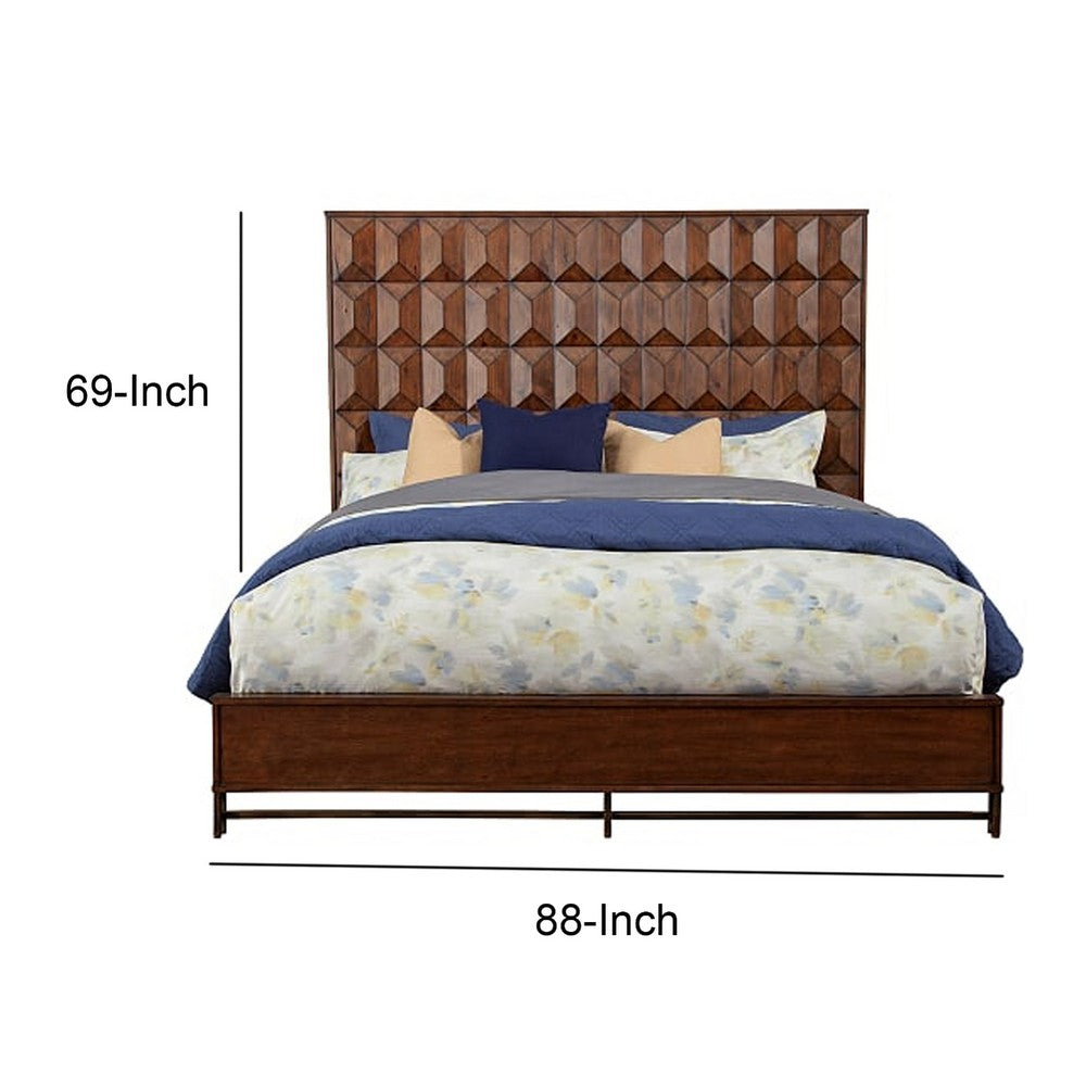 Wooden Queen Size Bed with Honeycomb Design High Headboard, Brown