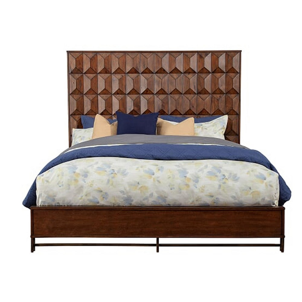 Wooden California King Bed with Honeycomb Design High Headboard, Brown
