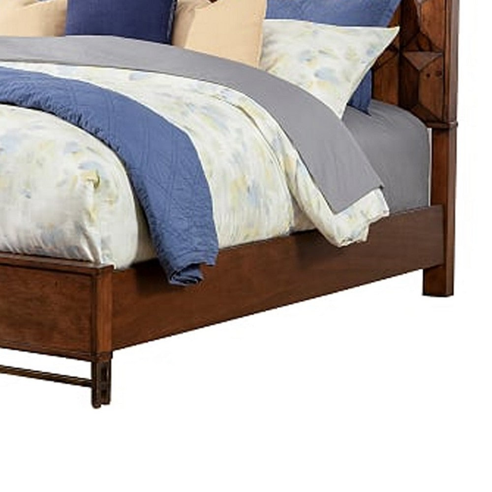Wooden California King Bed with Honeycomb Design High Headboard, Brown