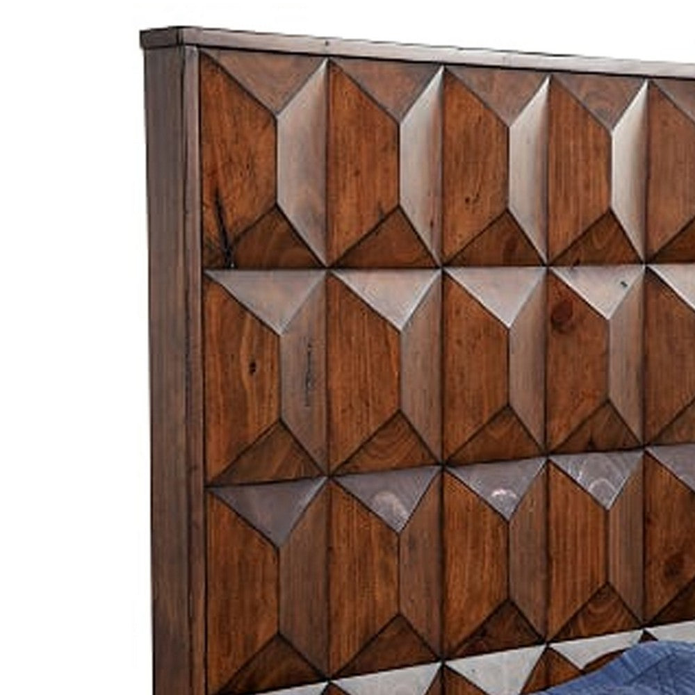 Wooden California King Bed with Honeycomb Design High Headboard, Brown
