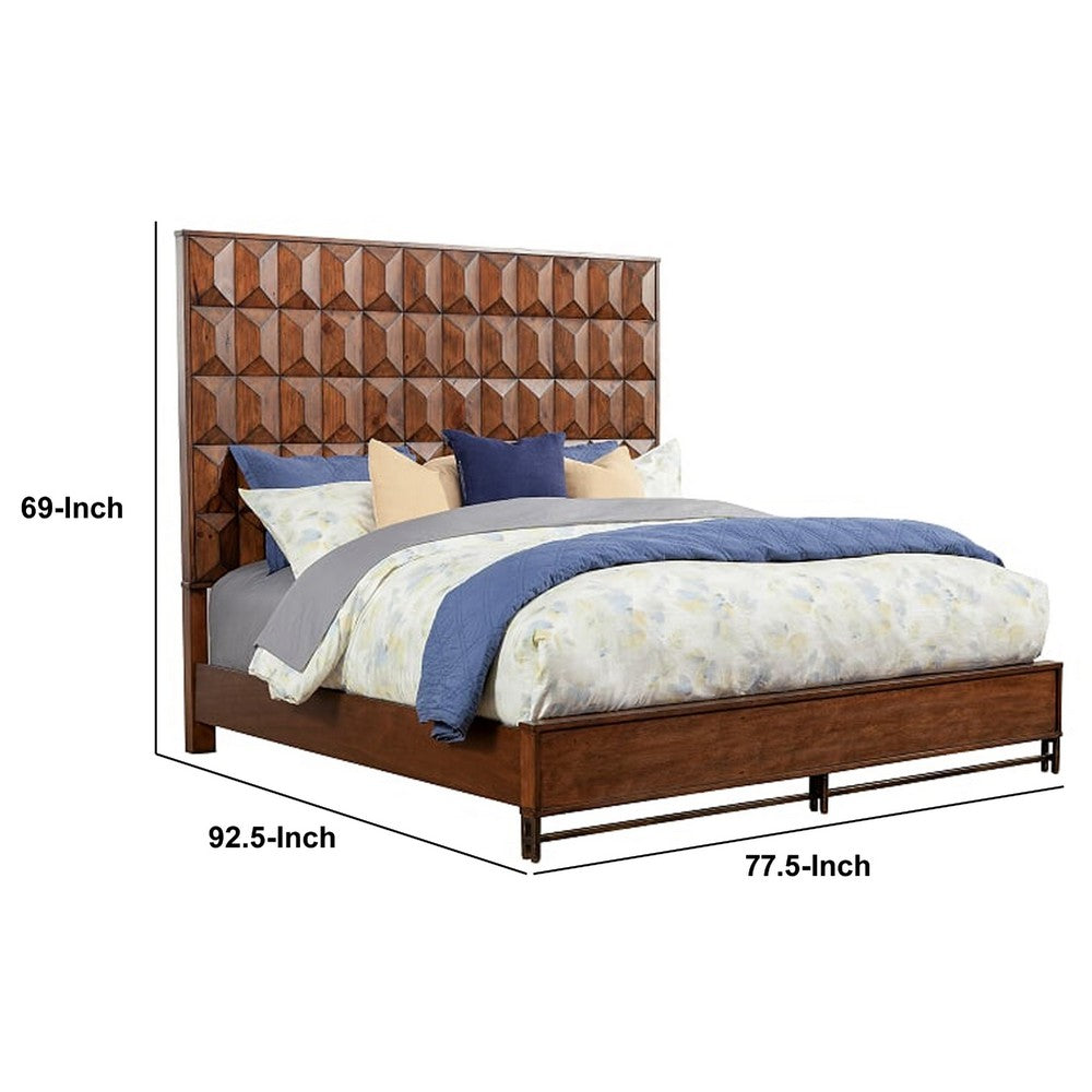 Wooden California King Bed with Honeycomb Design High Headboard, Brown