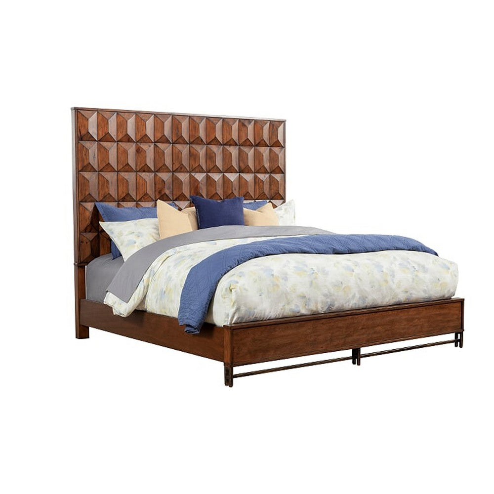 Wooden Standard King Bed with Honeycomb Design High Headboard, Brown