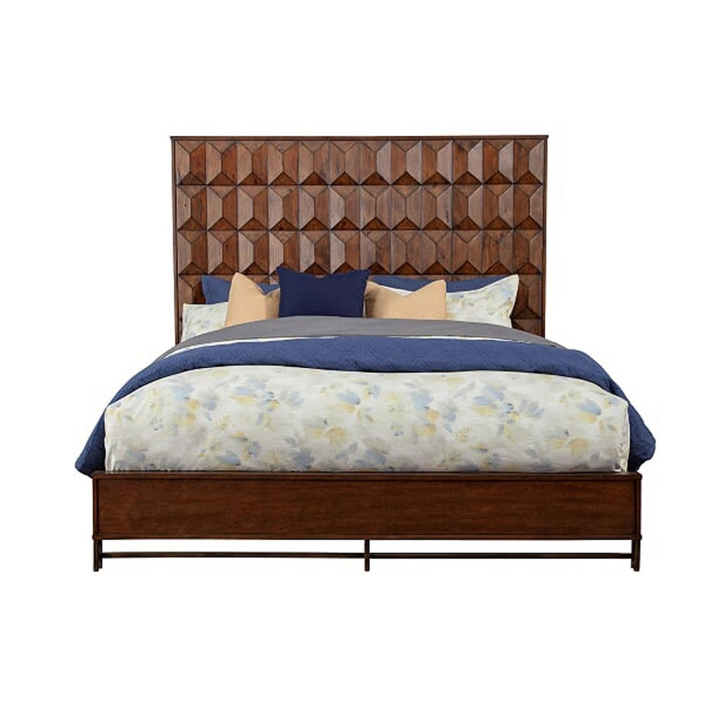 Wooden Standard King Bed with Honeycomb Design High Headboard, Brown