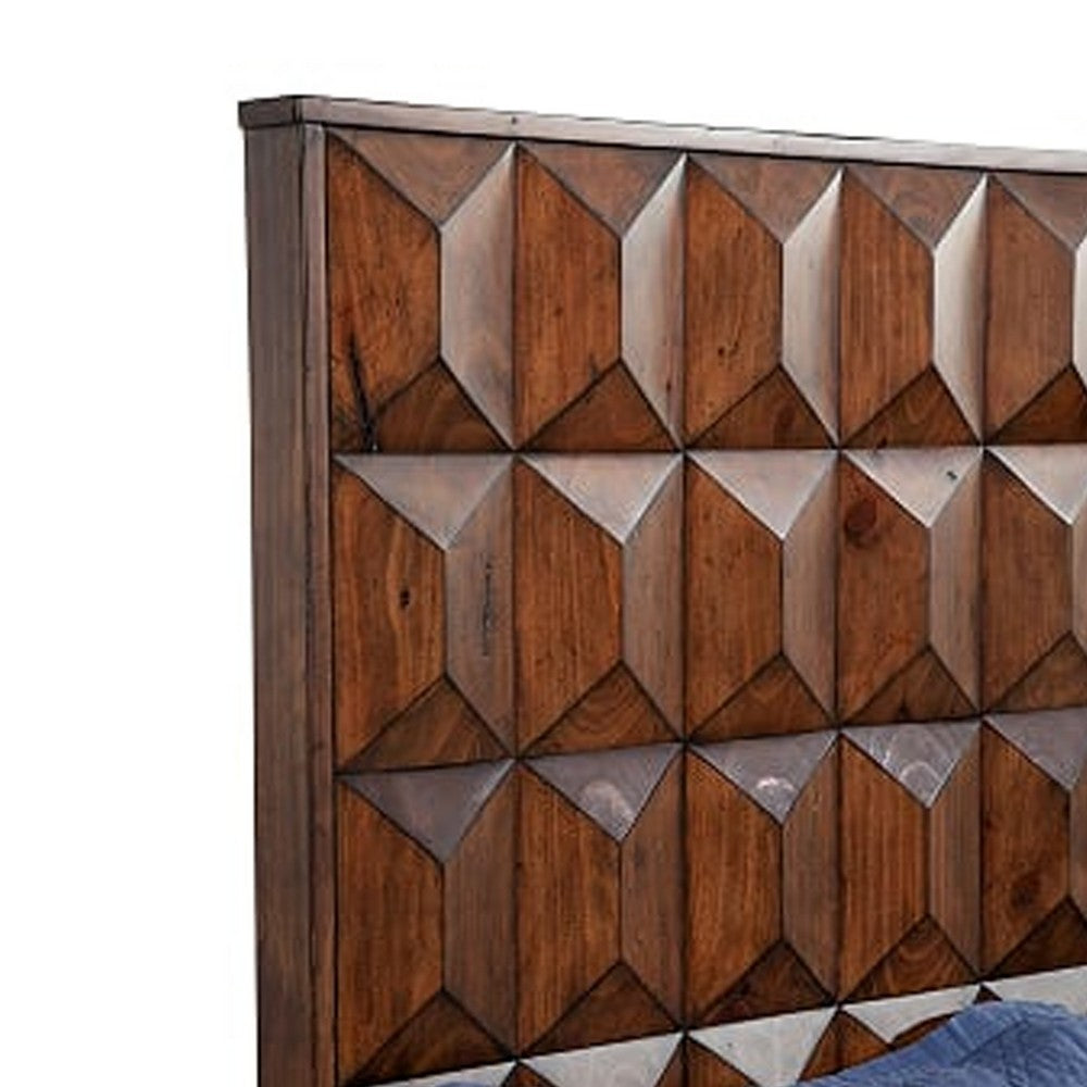 Wooden Standard King Bed with Honeycomb Design High Headboard, Brown