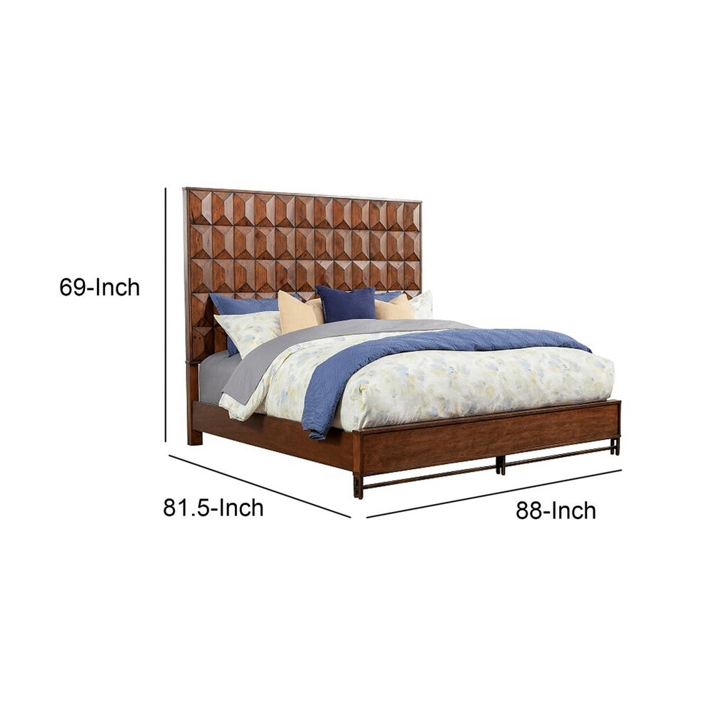 Wooden Standard King Bed with Honeycomb Design High Headboard, Brown