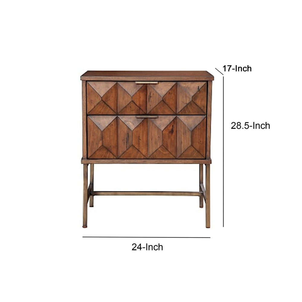 2 Drawer Nightstand with Honeycomb Design and Metal Legs, Brown By Casagear Home