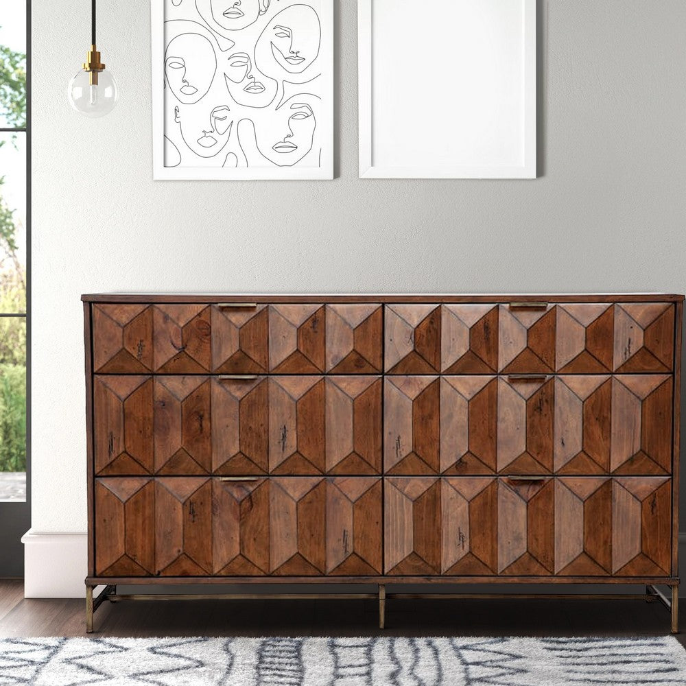 Dresser | 6 Drawer | Honeycomb Design | Metal Legs | Brown