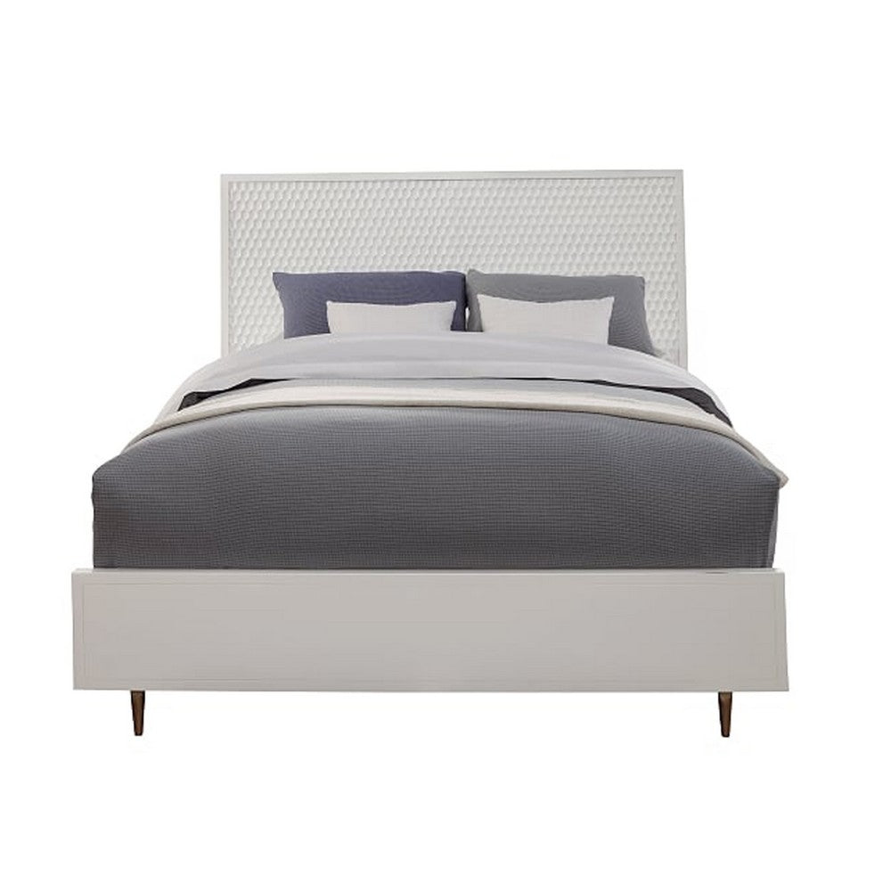 Wooden Queen Size Bed with Honeycomb Design High Headboard, White