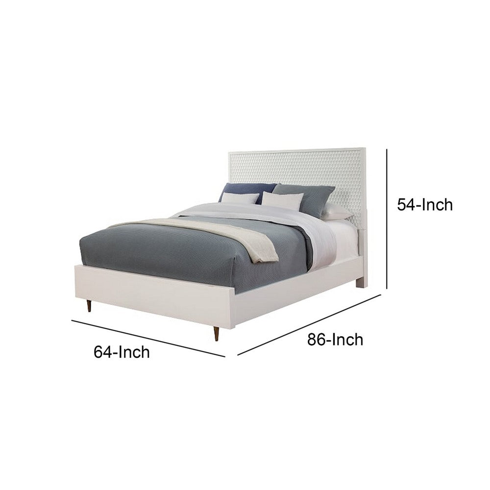 Wooden Queen Size Bed with Honeycomb Design High Headboard, White