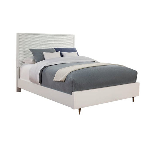 Wooden Queen Size Bed with Honeycomb Design High Headboard, White