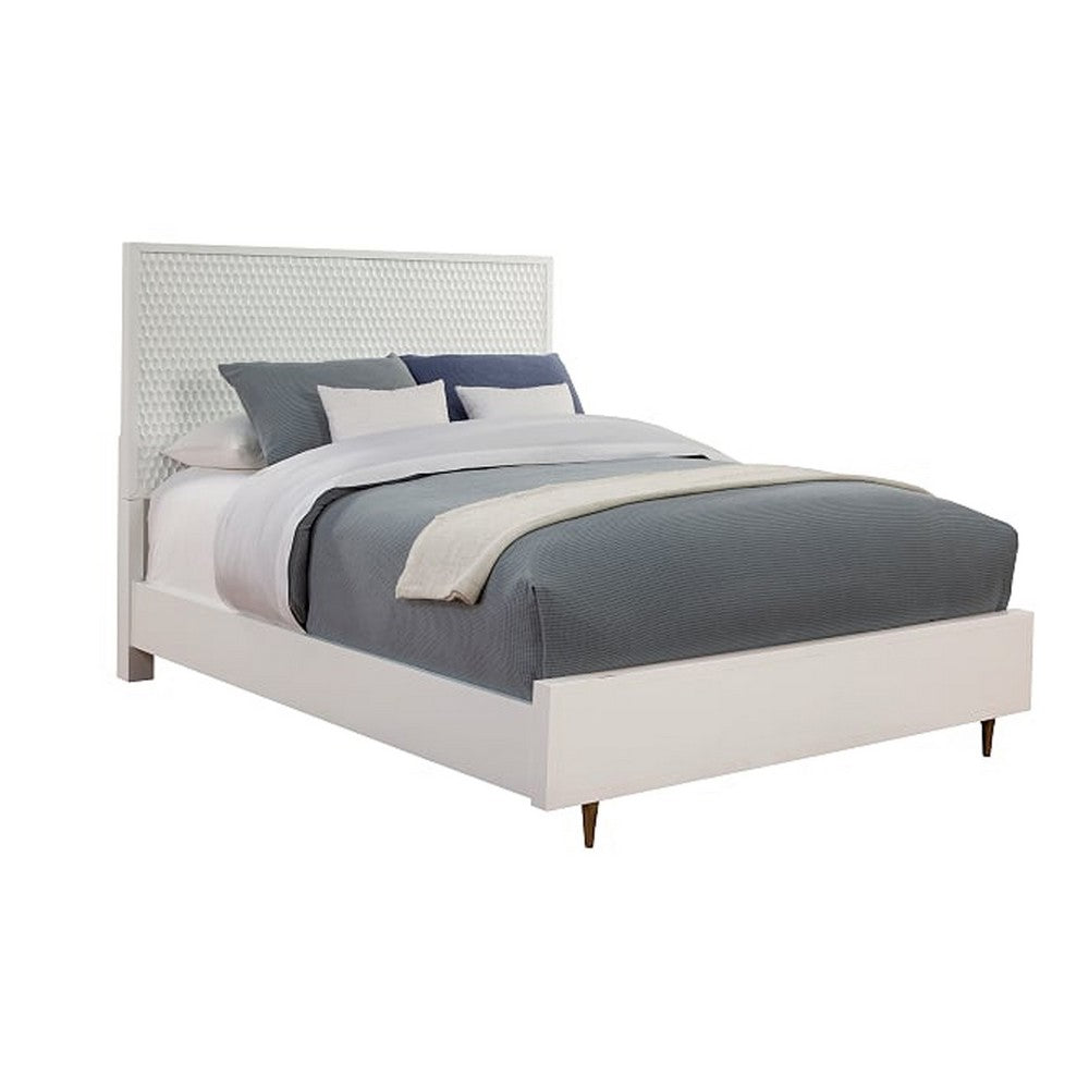 Wooden Queen Size Bed with Honeycomb Design High Headboard, White