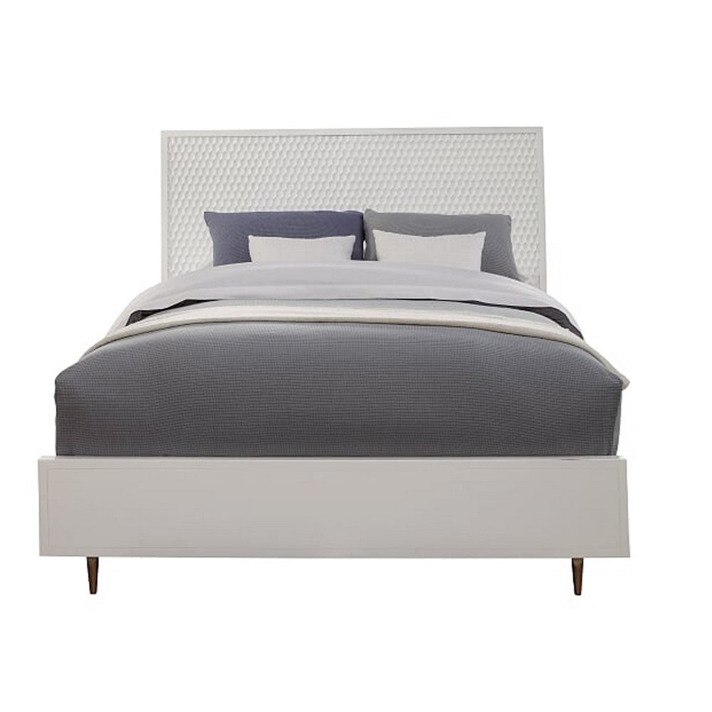 Wooden Standard King Bed with Honeycomb Design High Headboard, White