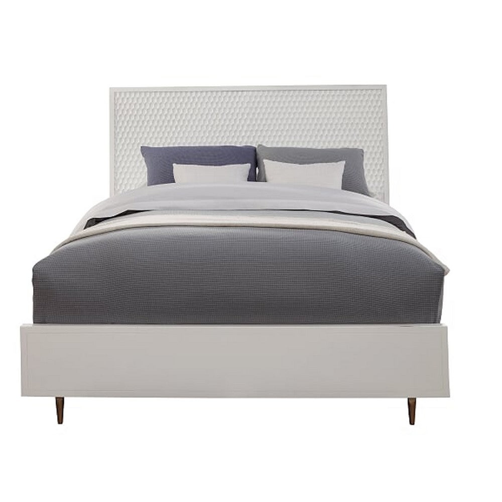 Wooden Full Size Bed with Honeycomb Design High Headboard, White