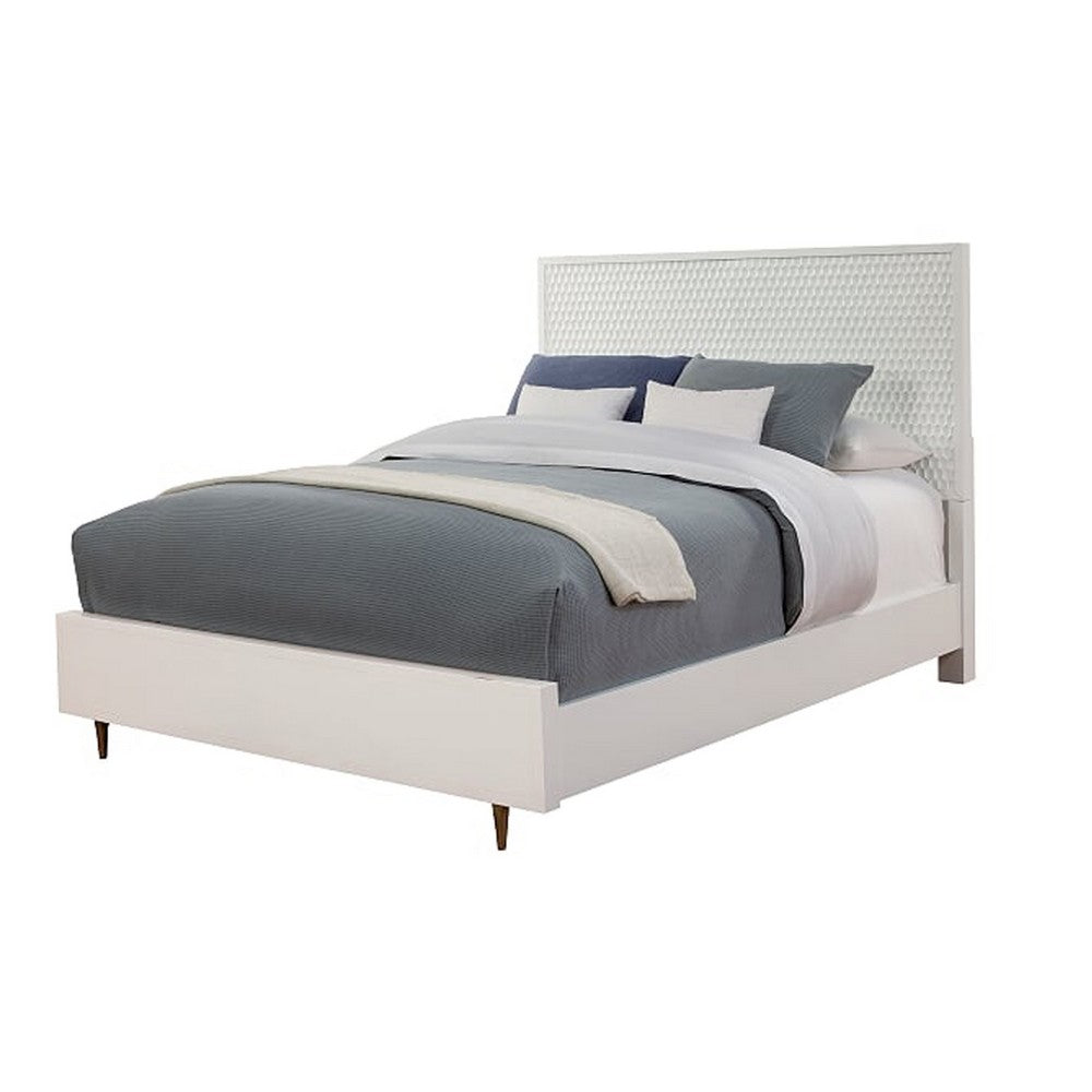 Wooden Full Size Bed with Honeycomb Design High Headboard, White