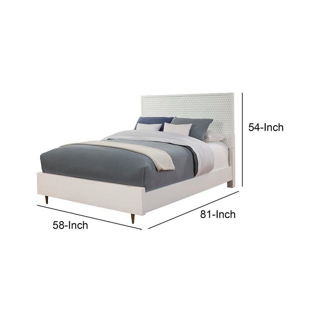 Wooden Full Size Bed with Honeycomb Design High Headboard, White