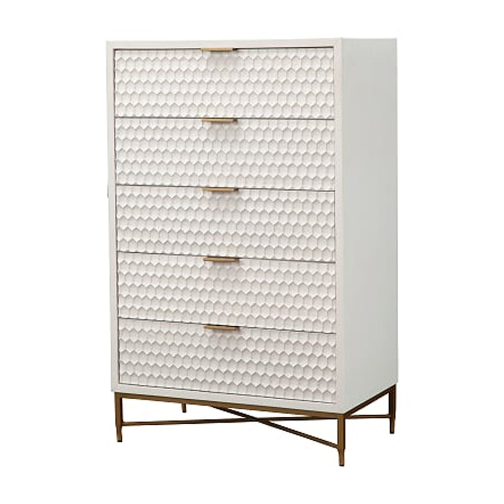 Tall Dresser Chest | 5 Drawer | Honeycomb Design | Large | Metal Legs | White