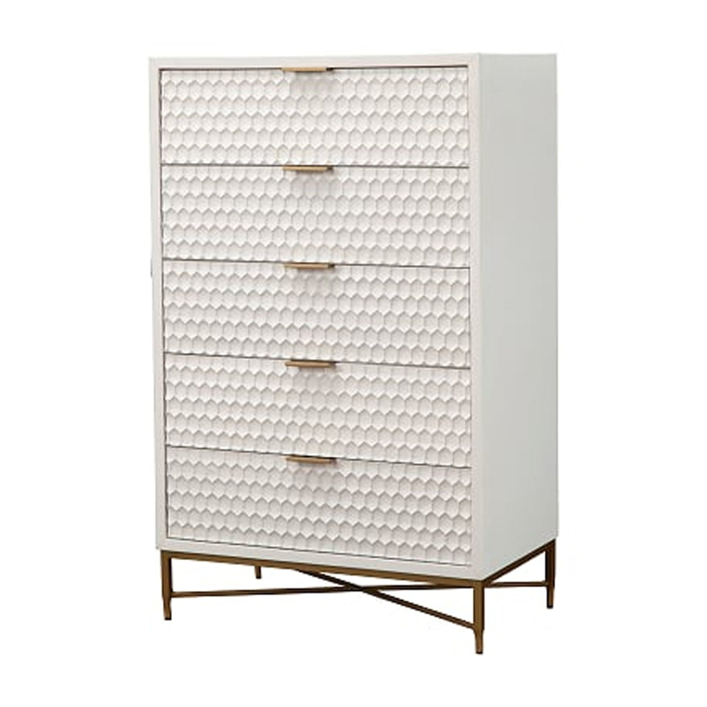 Honeycomb Design 5 Drawer Chest with Metal Legs, Large, White By Casagear Home