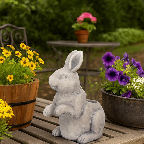 Planter | Standing Rabbit | Polyresin | Antique Styled | Gray