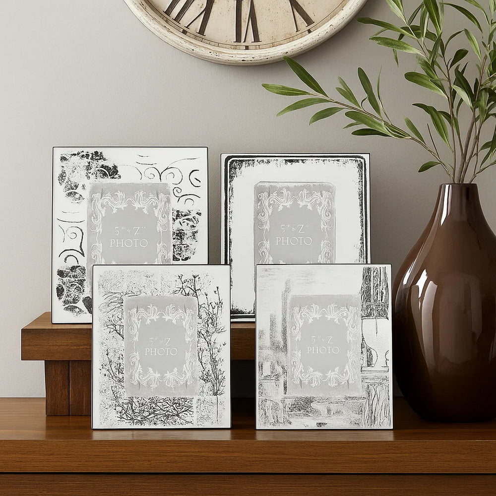 Photo Frames | Wood | Etched | Modern | Set of 4 | Silver