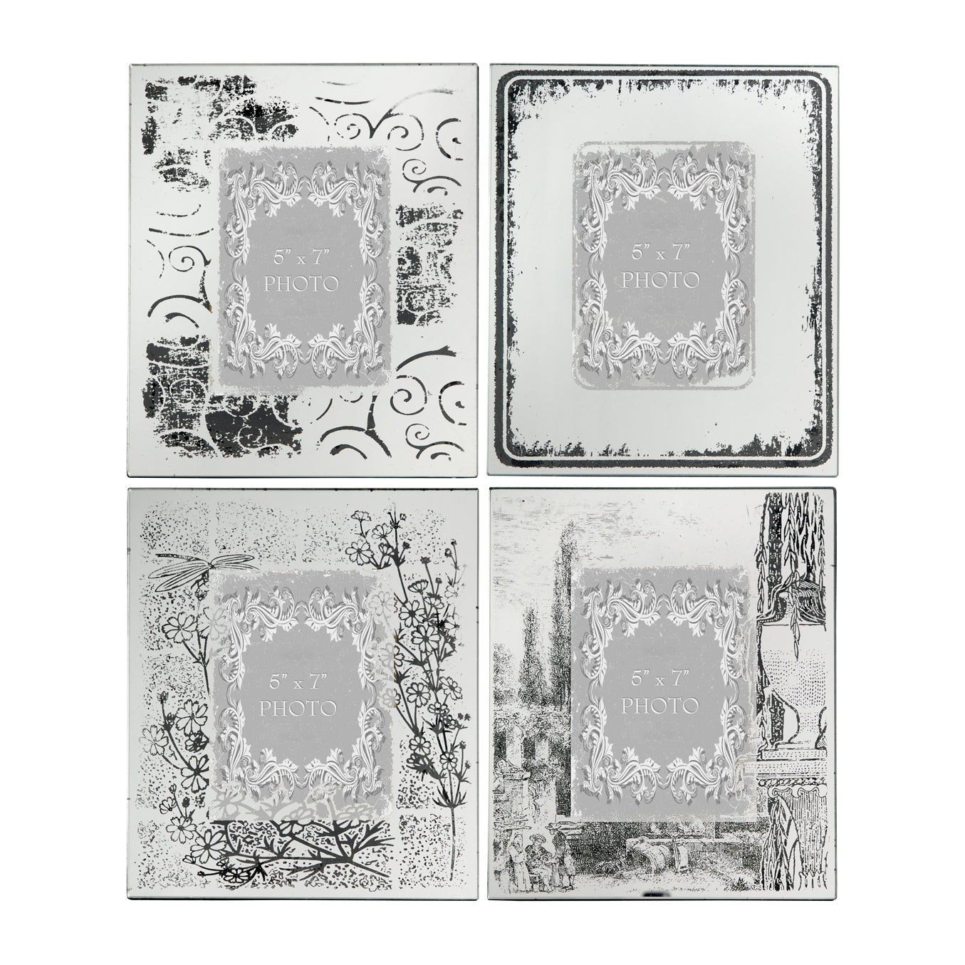 Modern Etched Wooden Photo Frames, Large, Set of 4, Silver By Casagear Home