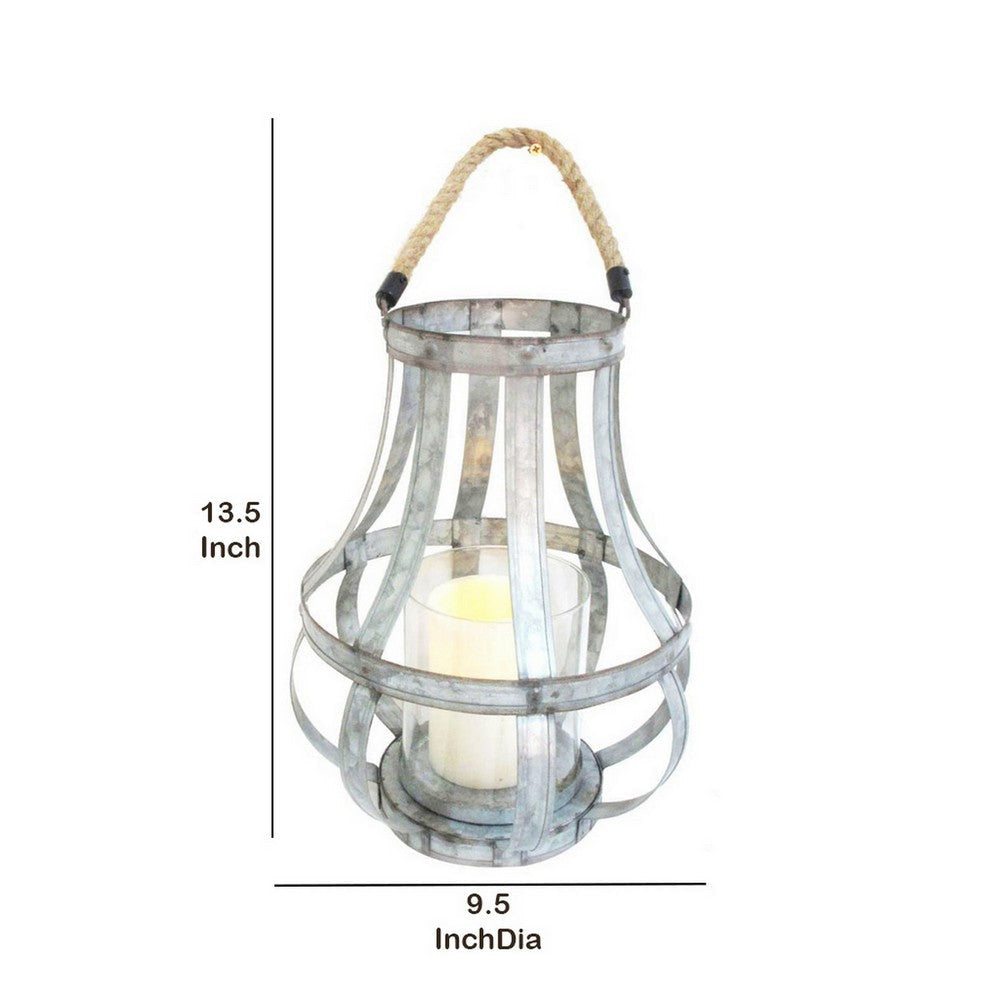 Transitional Metal Candle Holder with Rope and Glass Shade Gray By Casagear Home BM206709