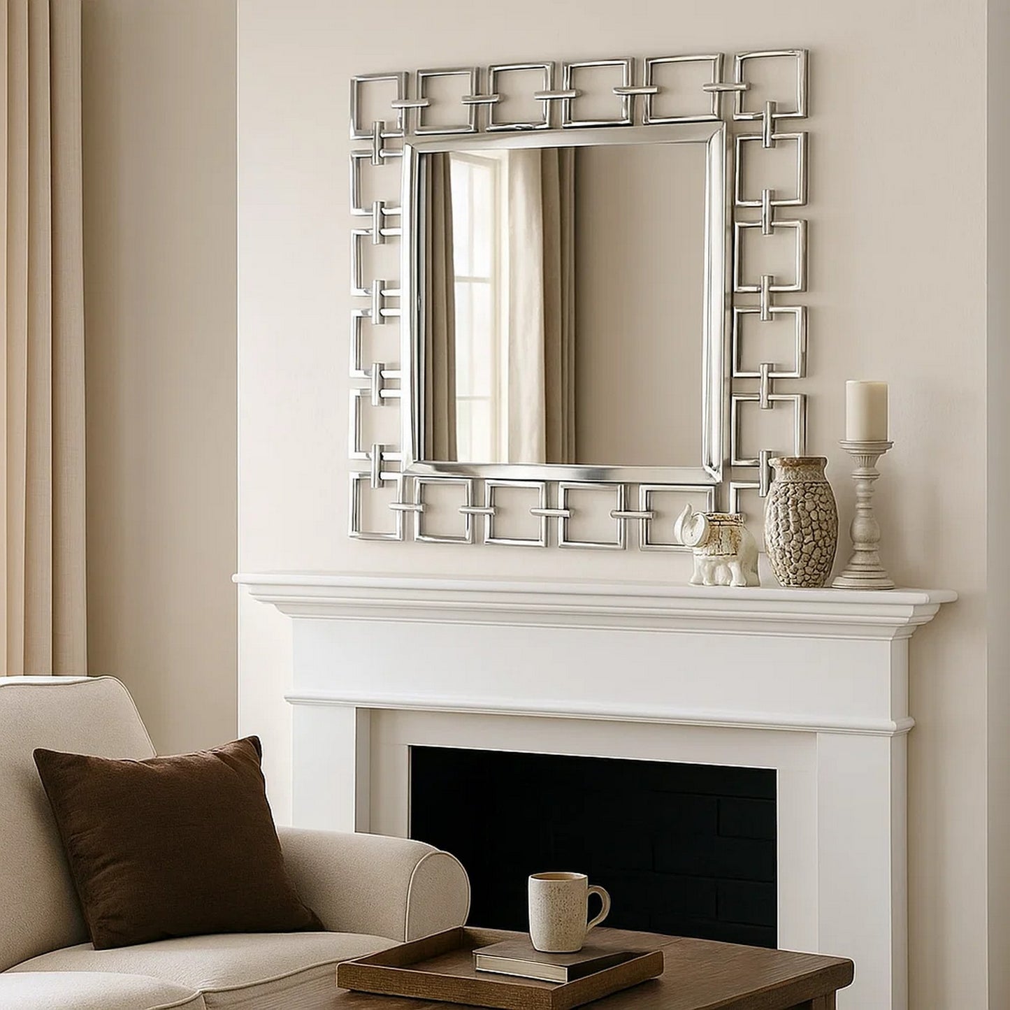 Mirror | Square Frame | Metal | Openwork | Modern Style | Silver
