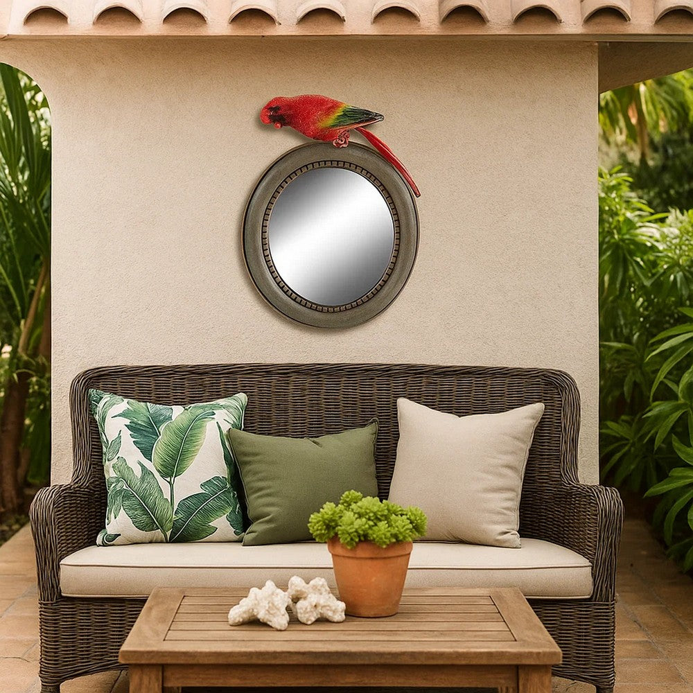 Mirror | Round | Wood Frame | Parrot Sculpture Top | Multicolor