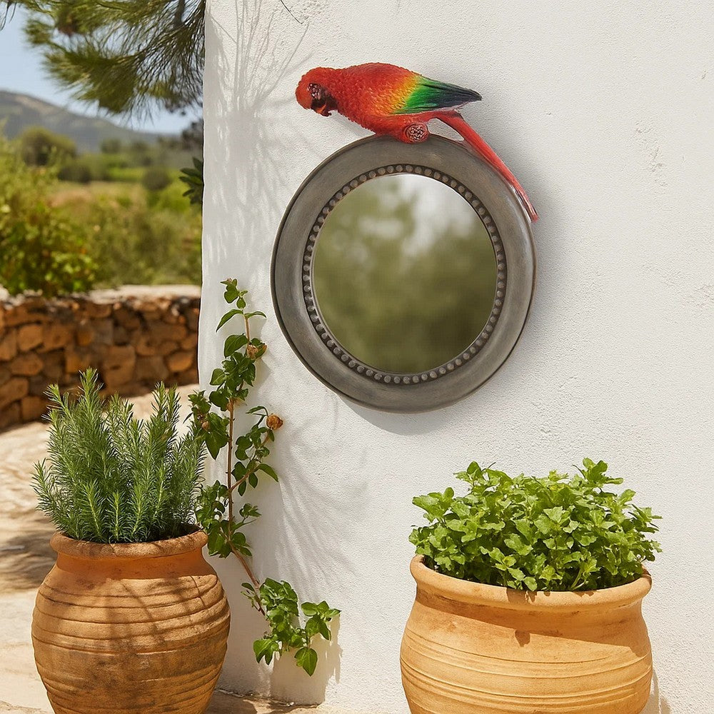 Mirror | Round | Wood Frame | Parrot Sculpture Top | Multicolor