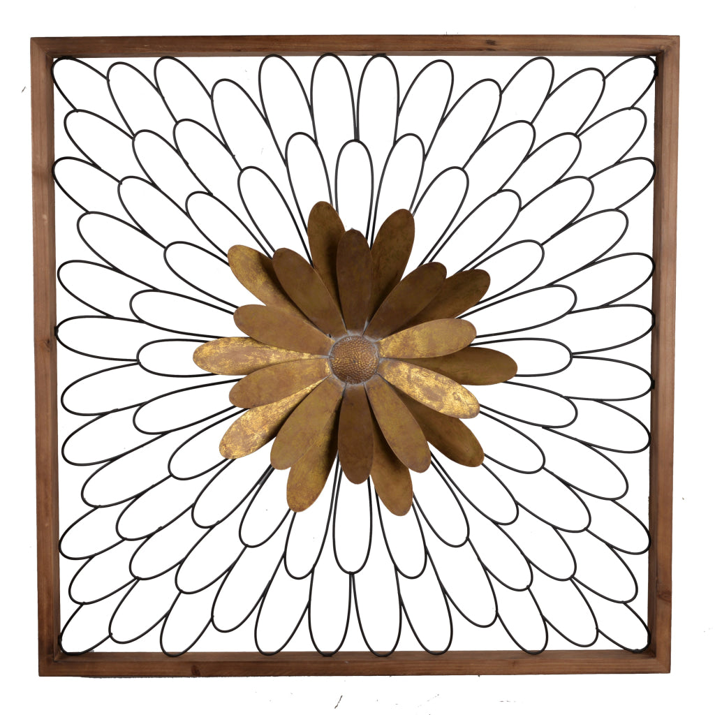 Wall Decor | Metal with Wood Frame | Leafy Flower Design | Bronze