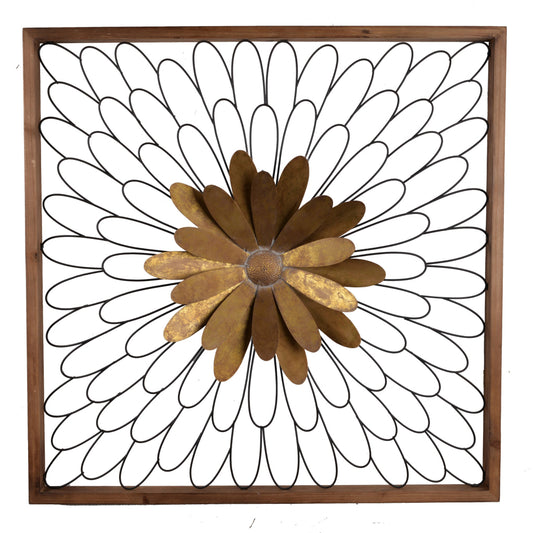 Metal Wall Decor with Wooden Frame and Leafy Flower, Bronze By Casagear Home