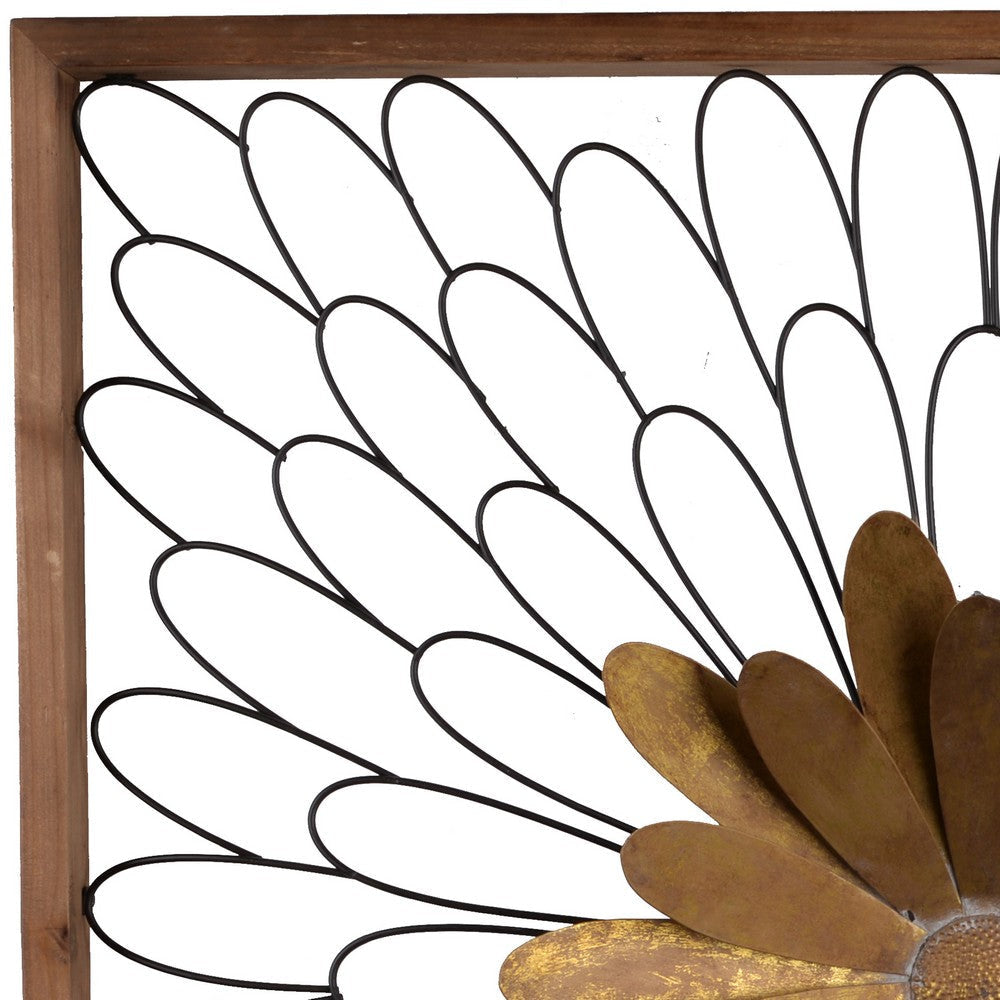 Metal Wall Decor with Wooden Frame and Leafy Flower Bronze By Casagear Home BM206722