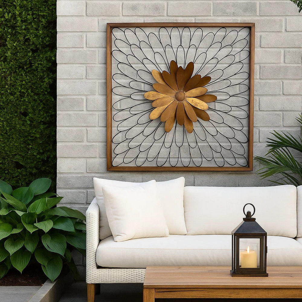 Wall Decor | Metal with Wood Frame | Leafy Flower Design | Bronze