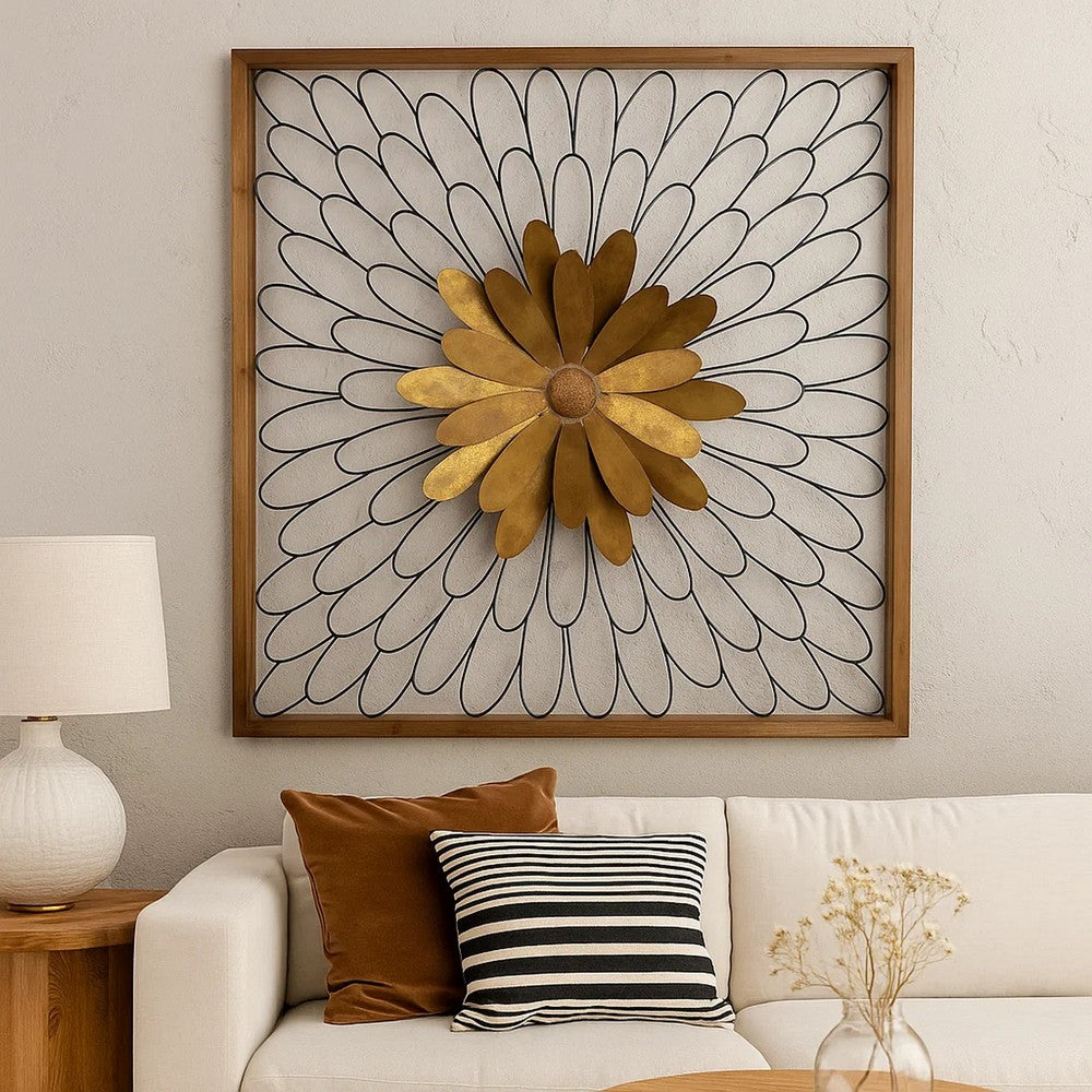 Wall Decor | Metal with Wood Frame | Leafy Flower Design | Bronze