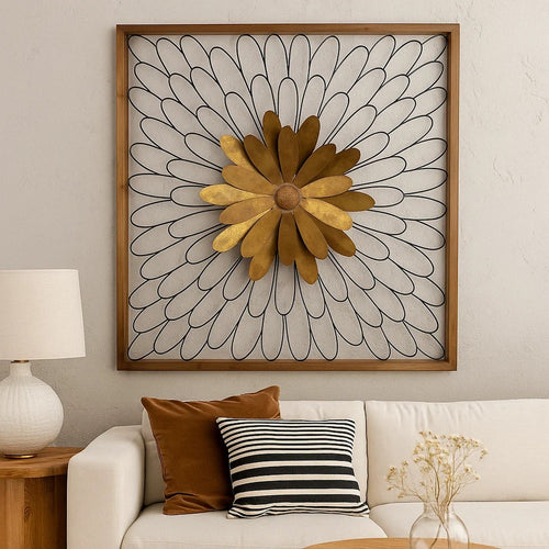 Wall Decor | Metal with Wood Frame | Leafy Flower Design | Bronze