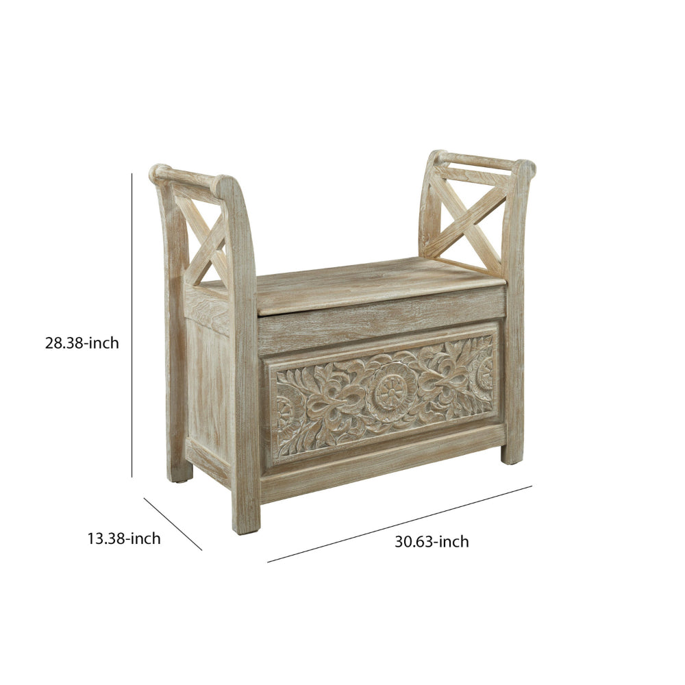 31" Carved Front Bench with Hinged Storage, Brown By Casagear Home