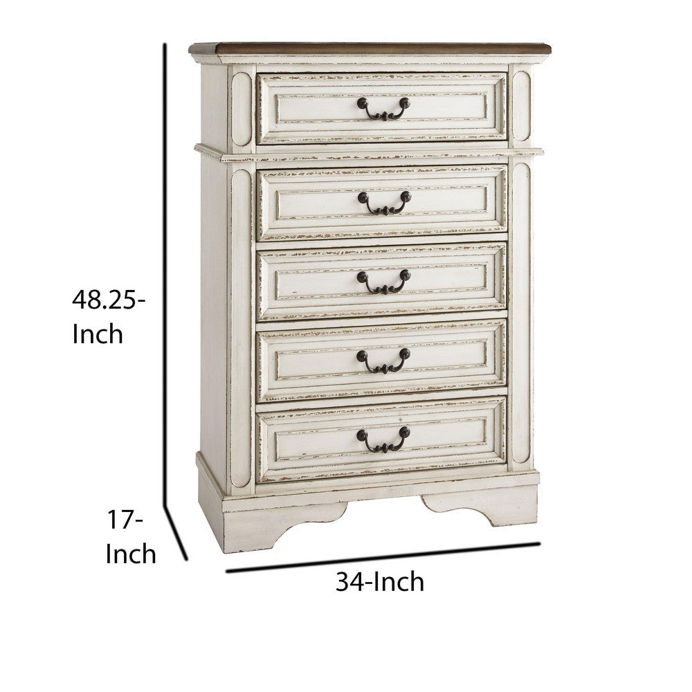 5 Drawer Wooden Chest with Bracket Legs Antique White By Casagear Home BM207025