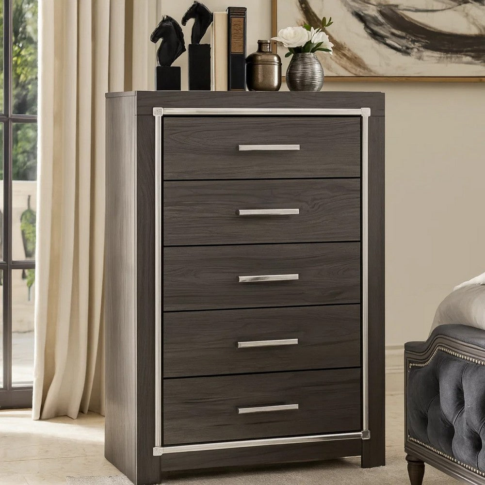 Ashley 5 Drawer Wooden Chest with Metal Bar Handles, Gray