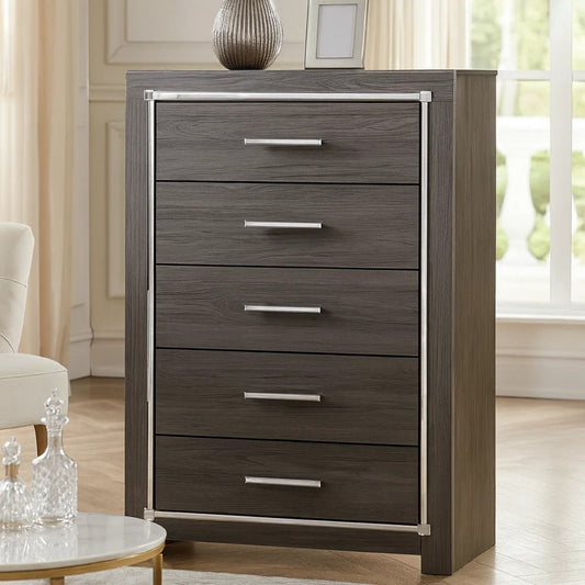 Ashley 5 Drawer Wooden Chest with Metal Bar Handles, Gray