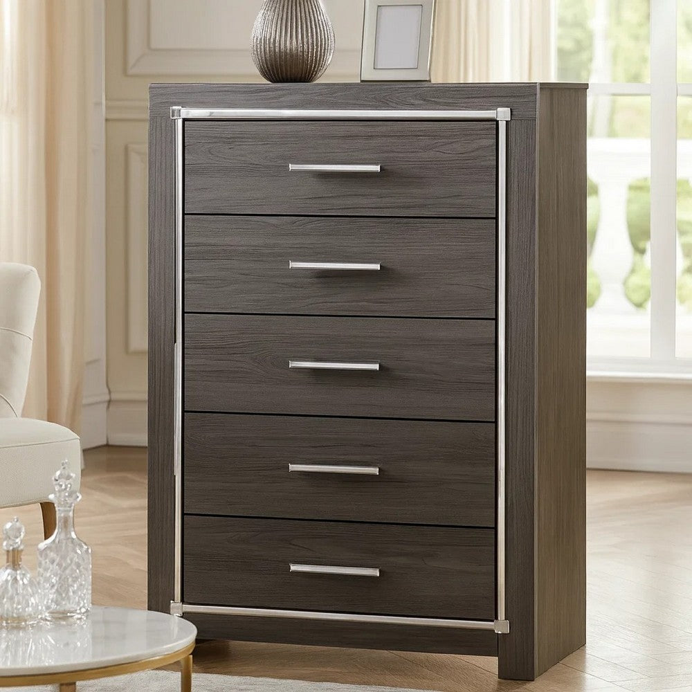 Ashley 5 Drawer Wooden Chest with Metal Bar Handles, Gray
