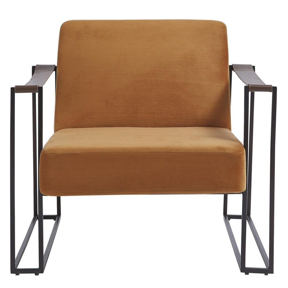 Cushioned Metal Strap Arm Accent Chair with, Orange and Bronze By Casagear Home