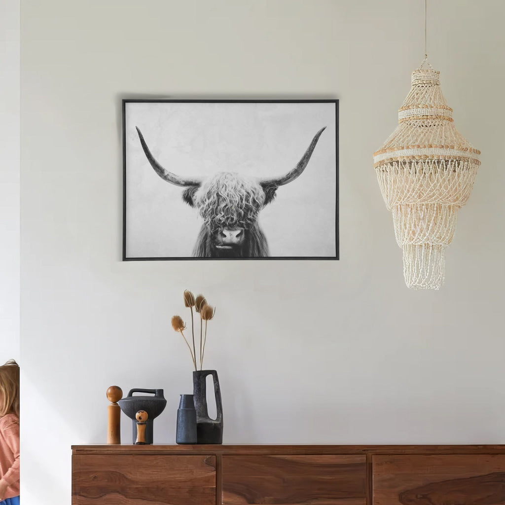 48" X 36" Wood Frame Highland Cow Wall Art, Black and White By Casagear Home