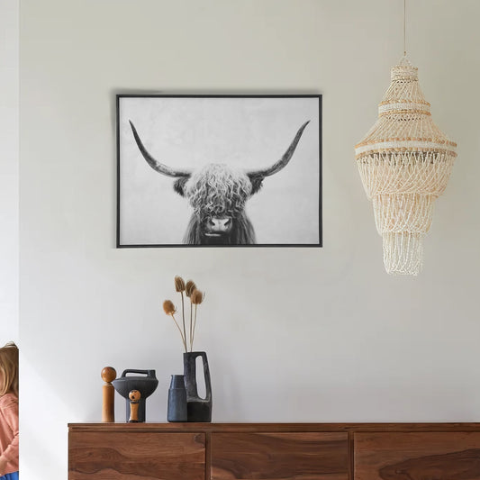 48" X 36" Wood Frame Highland Cow Wall Art, Black and White By Casagear Home
