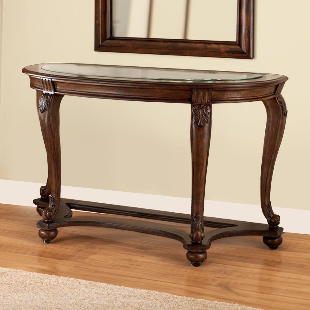 48" Glass Top Halfmoon Carved Sofa Table, Brown By Casagear Home