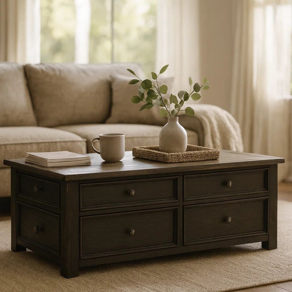 Coffee Table | Wood | Lift Top | Drawers | Casters | Black & Brown