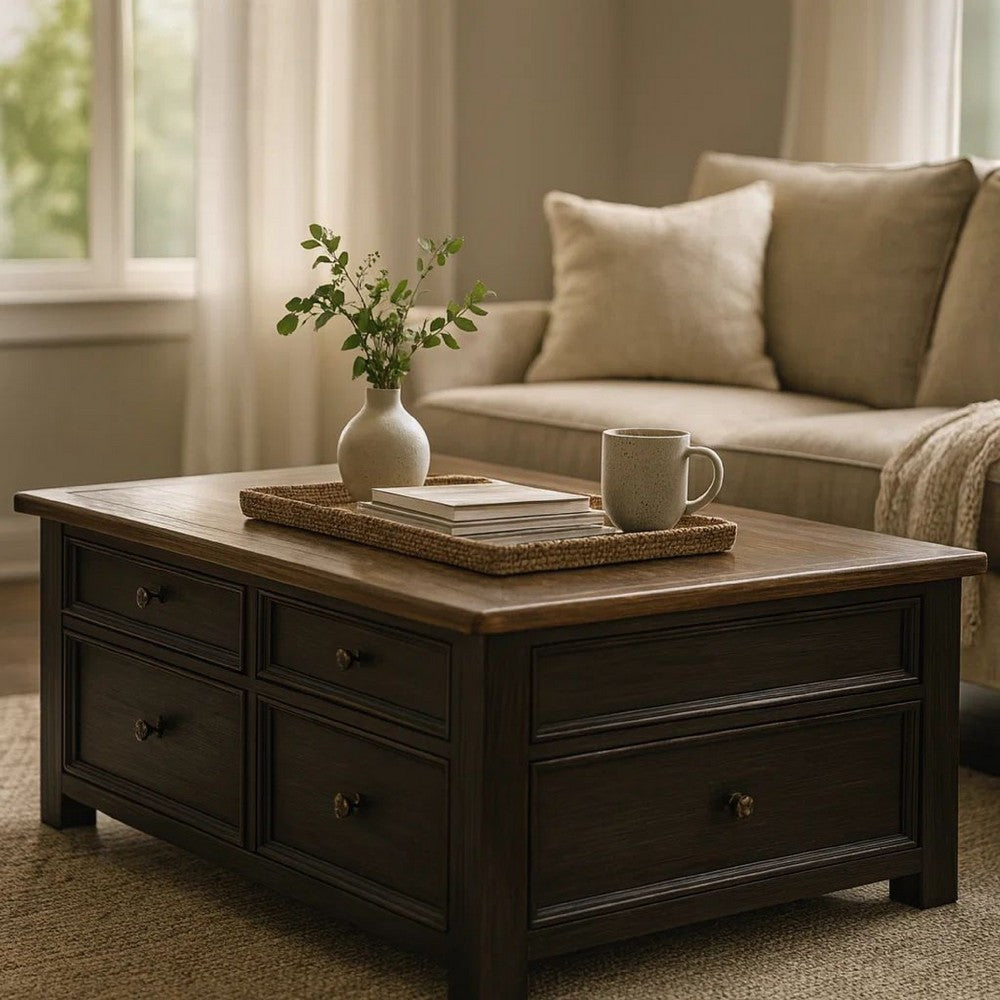 Coffee Table | Wood | Lift Top | Drawers | Casters | Black & Brown