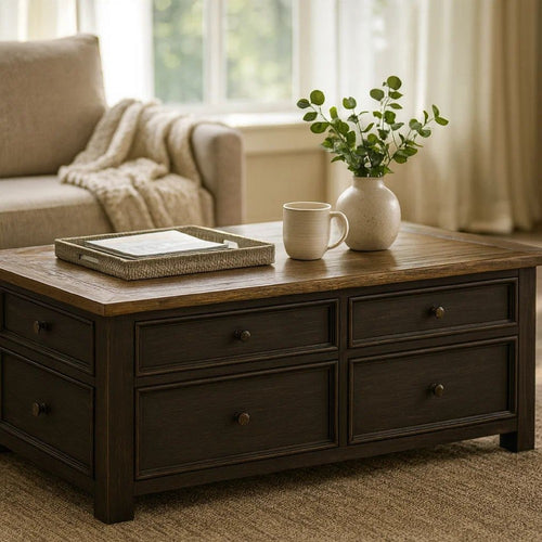 Coffee Table | Wood | Lift Top | Drawers | Casters | Black & Brown
