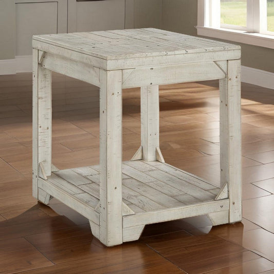 End Table | Farmhouse Style | Plank Design | Open Shelf | White