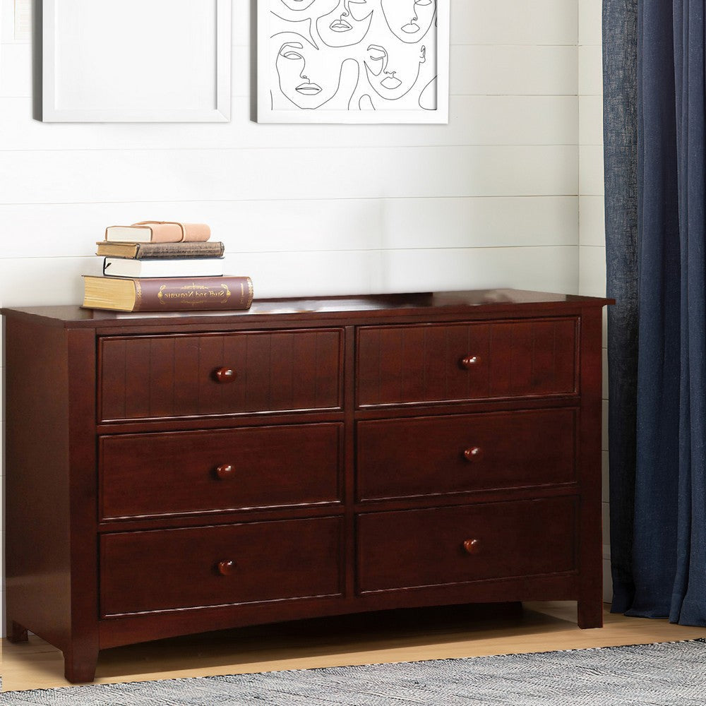 Wooden Dresser with 6 Drawers and Chamfered Legs Cherry Brown By Casagear Home BM207304